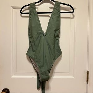 Women's One Piece Olive Green Plunging Neckline Swim Suit Bathing Suit Medium
